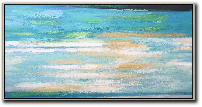 Extra Large Acrylic Painting On Canvas,Horizontal Palette Knife Contemporary Art,Large Canvas Wall Art For Sale,Lake Blue,White,Yellow.etc
